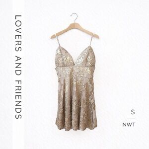 NWT Lovers + Friends Satin Sequin Dress in Soft Beige Sz S